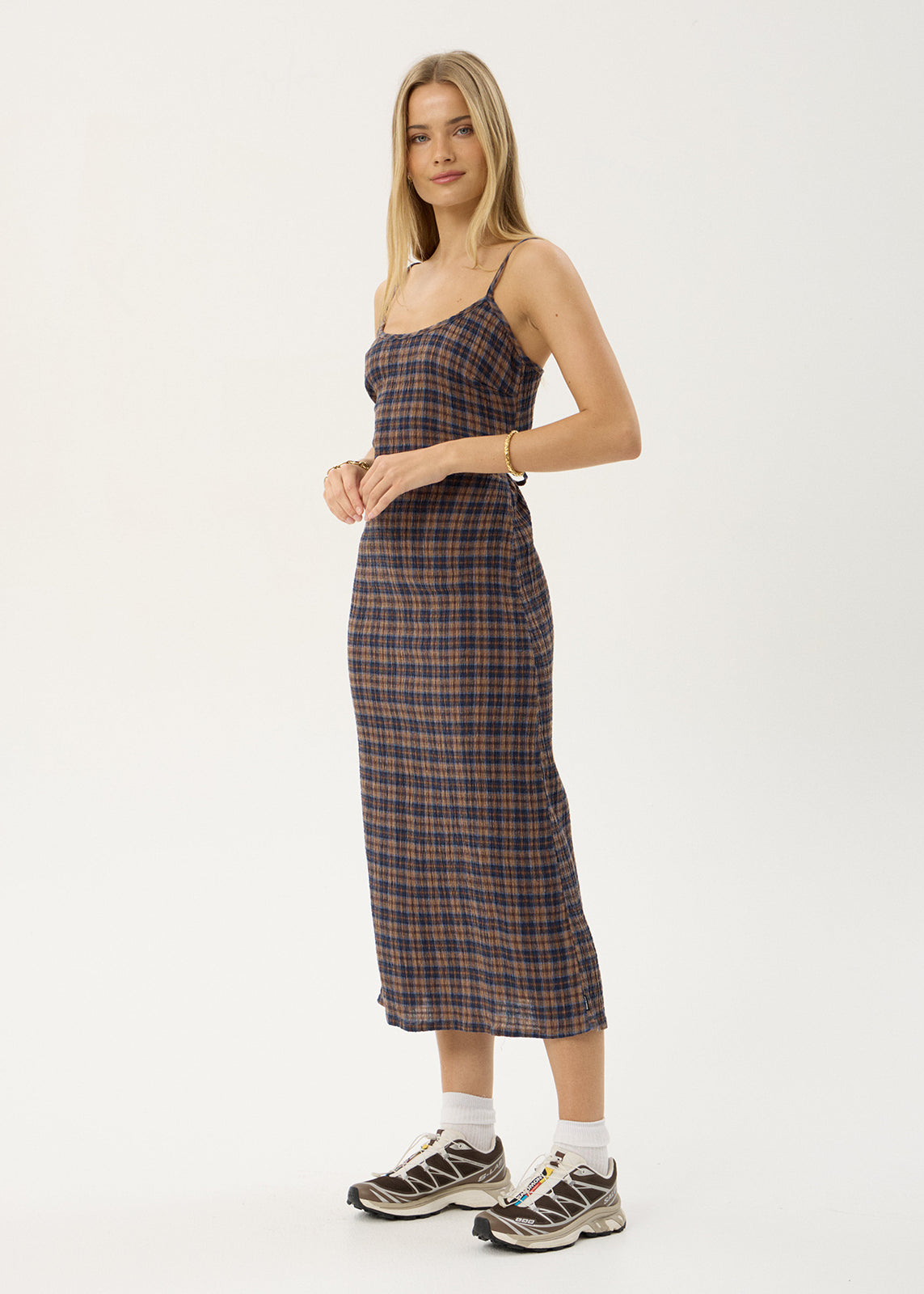 AFENDS Womens Rumi - Seersucker Midi Dress - Shev Indigo Check