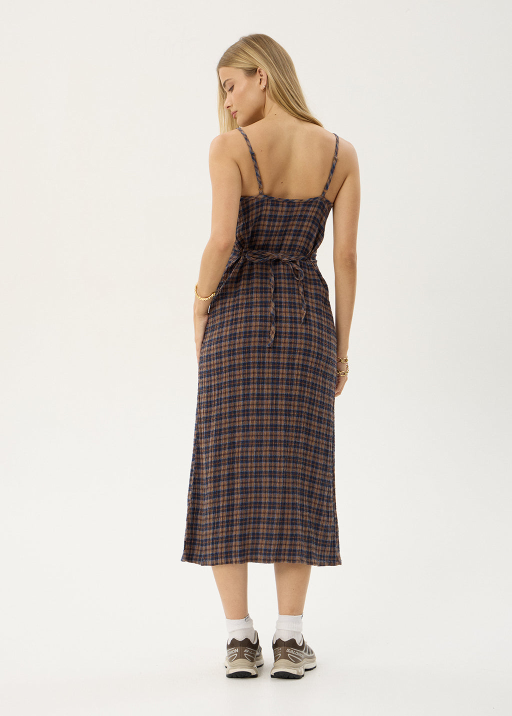AFENDS Womens Rumi - Seersucker Midi Dress - Shev Indigo Check