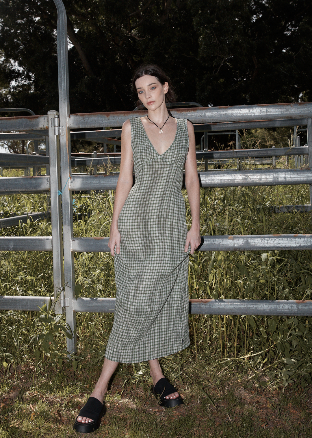 AFENDS Womens Base - Seersucker Check Maxi Dress - Deep Green Check 