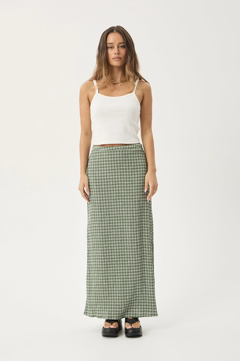 AFENDS Womens Base - Seersucker Maxi Skirt - Deep Green Check