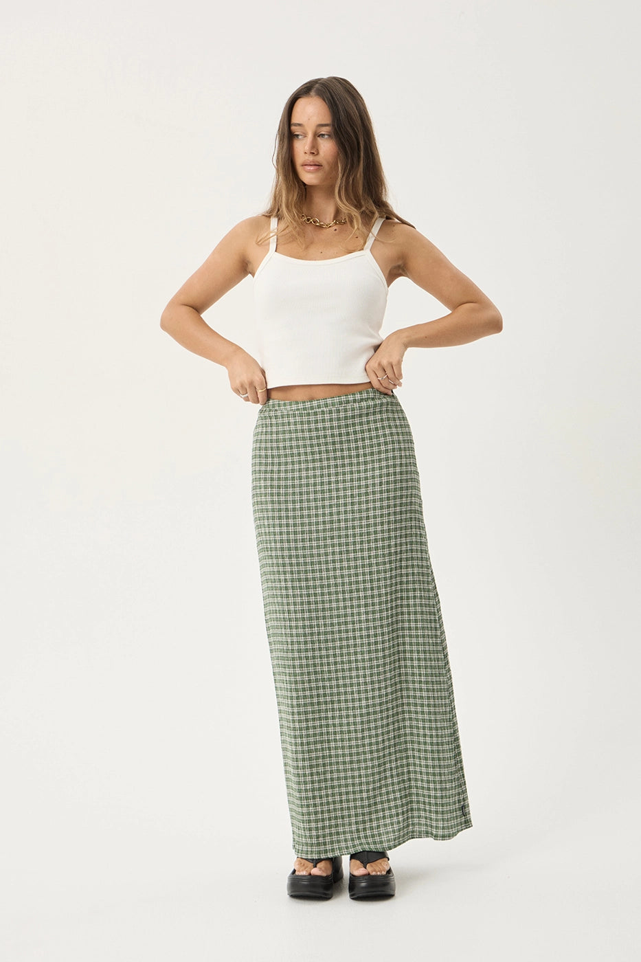 AFENDS Womens Base - Seersucker Maxi Skirt - Deep Green Check