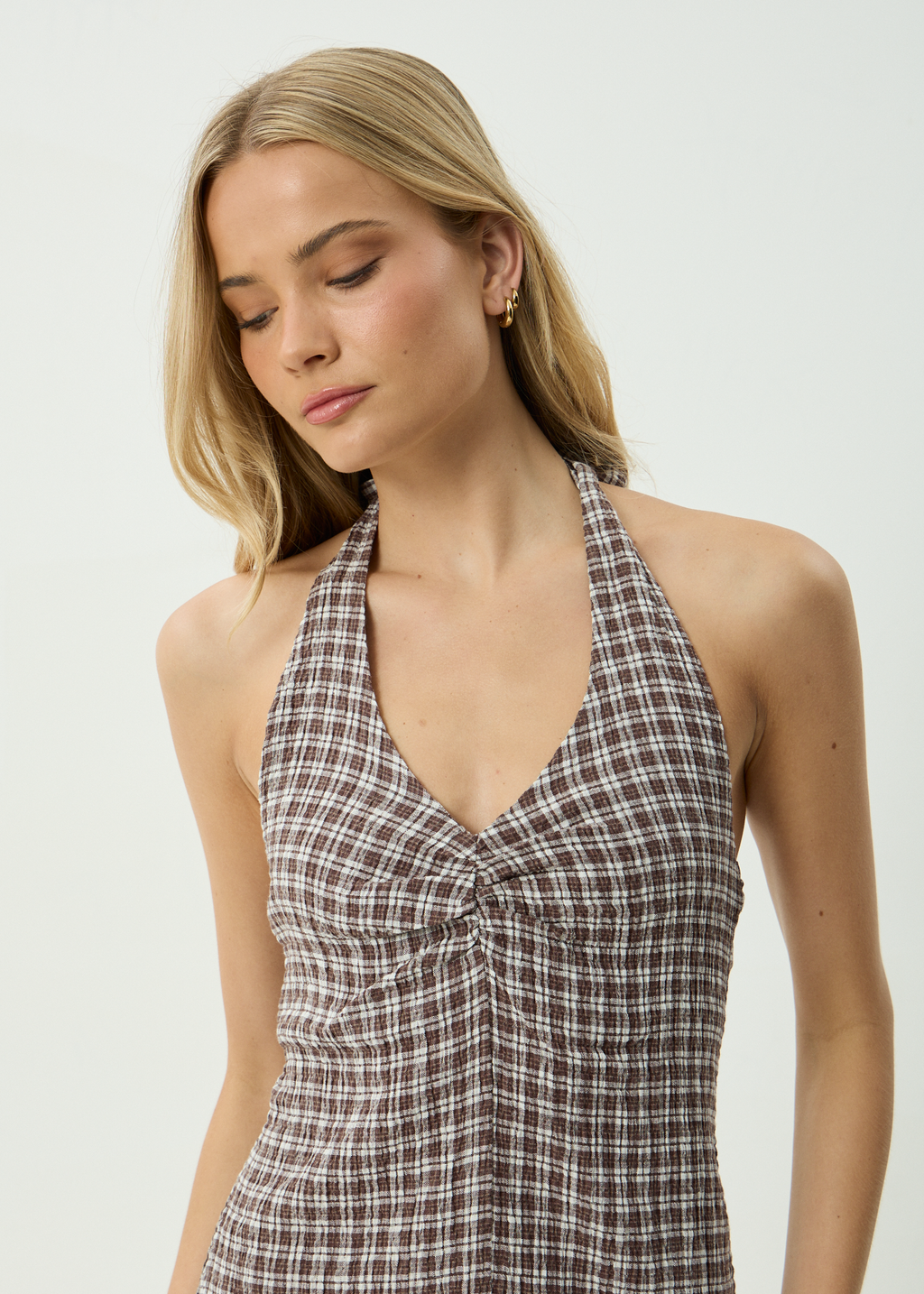 AFENDS Womens Montana - Seersucker Halter Mini Dress - Coffee Check