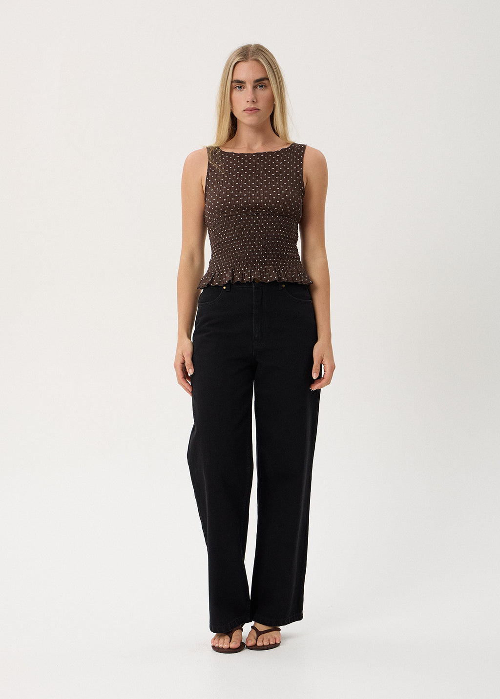 AFENDS Womens Cedar - Seersucker Sleeveless Top - Coffee Polka Dot