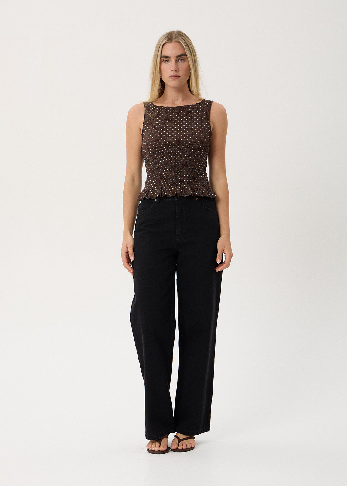 AFENDS Womens Cedar - Seersucker Sleeveless Top - Coffee Polka Dot
