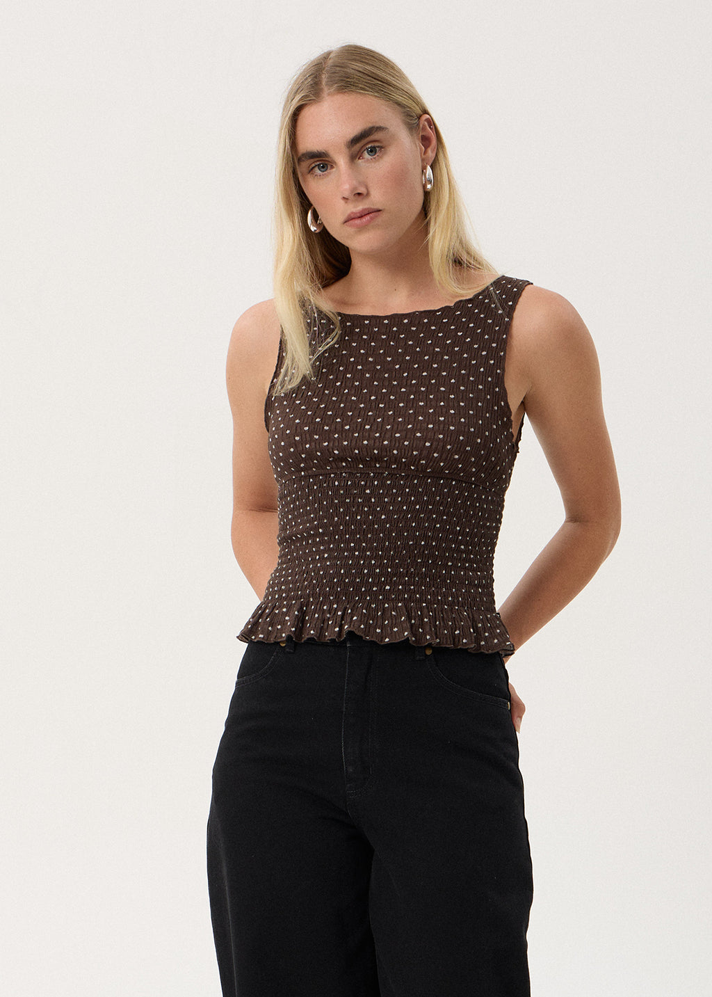 AFENDS Womens Cedar - Seersucker Sleeveless Top - Coffee Polka Dot