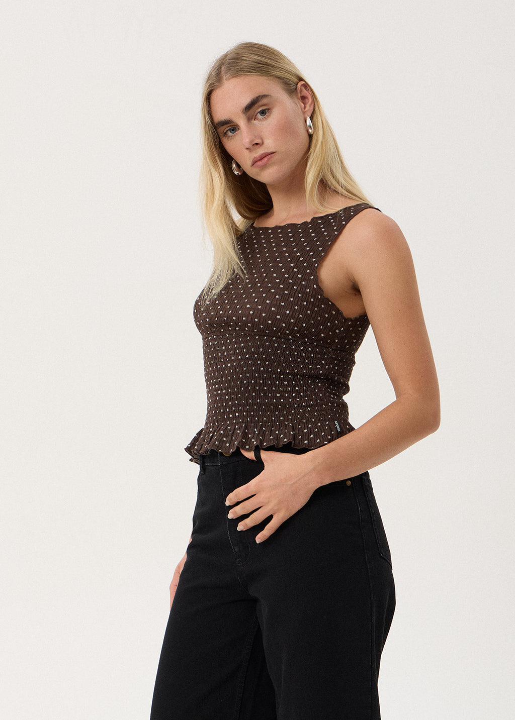 AFENDS Womens Cedar - Seersucker Sleeveless Top - Coffee Polka Dot