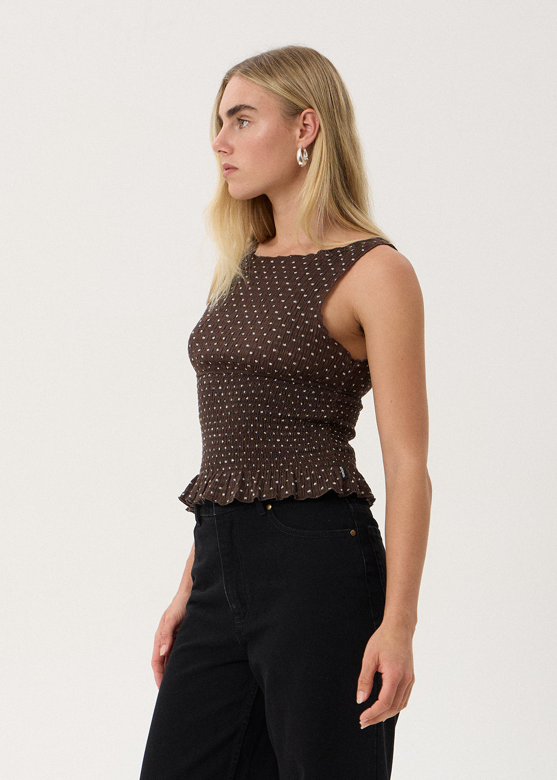 AFENDS Womens Cedar - Seersucker Sleeveless Top - Coffee Polka Dot