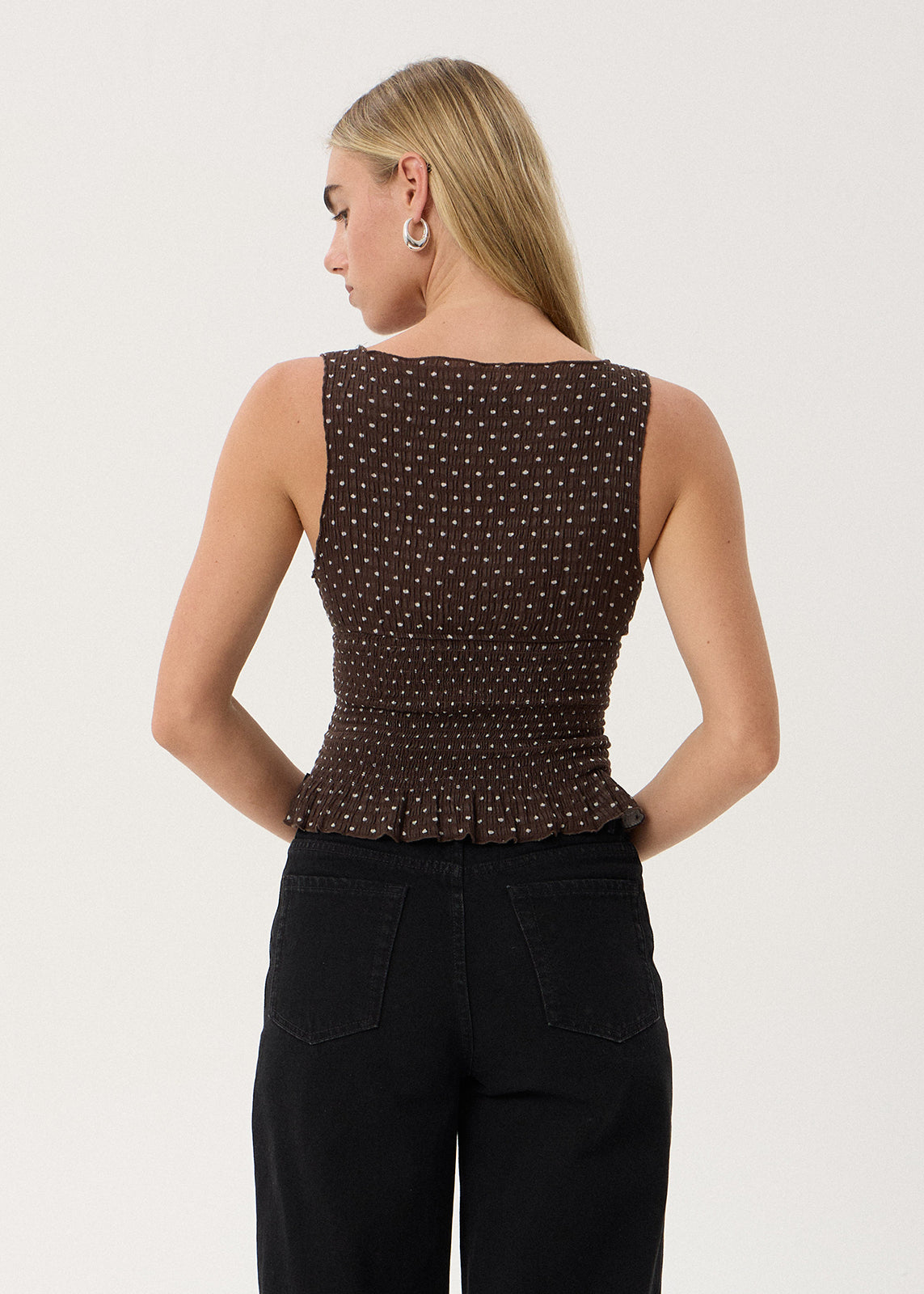 AFENDS Womens Cedar - Seersucker Sleeveless Top - Coffee Polka Dot