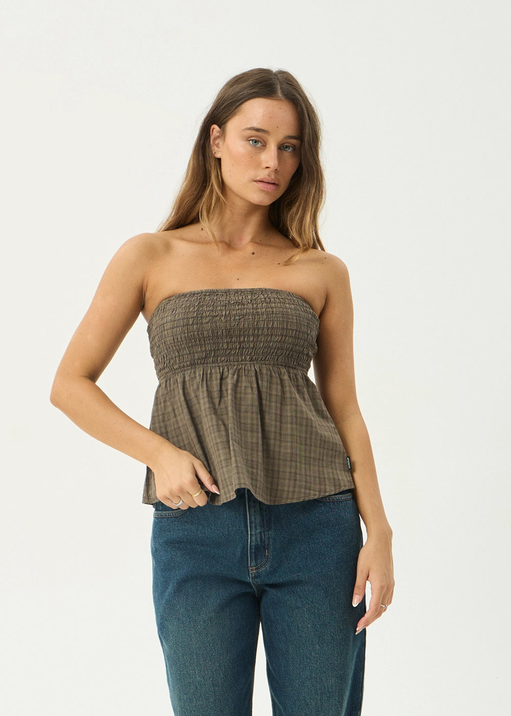 AFENDS Womens Mina Shadow - Strapless Top - Stone Check