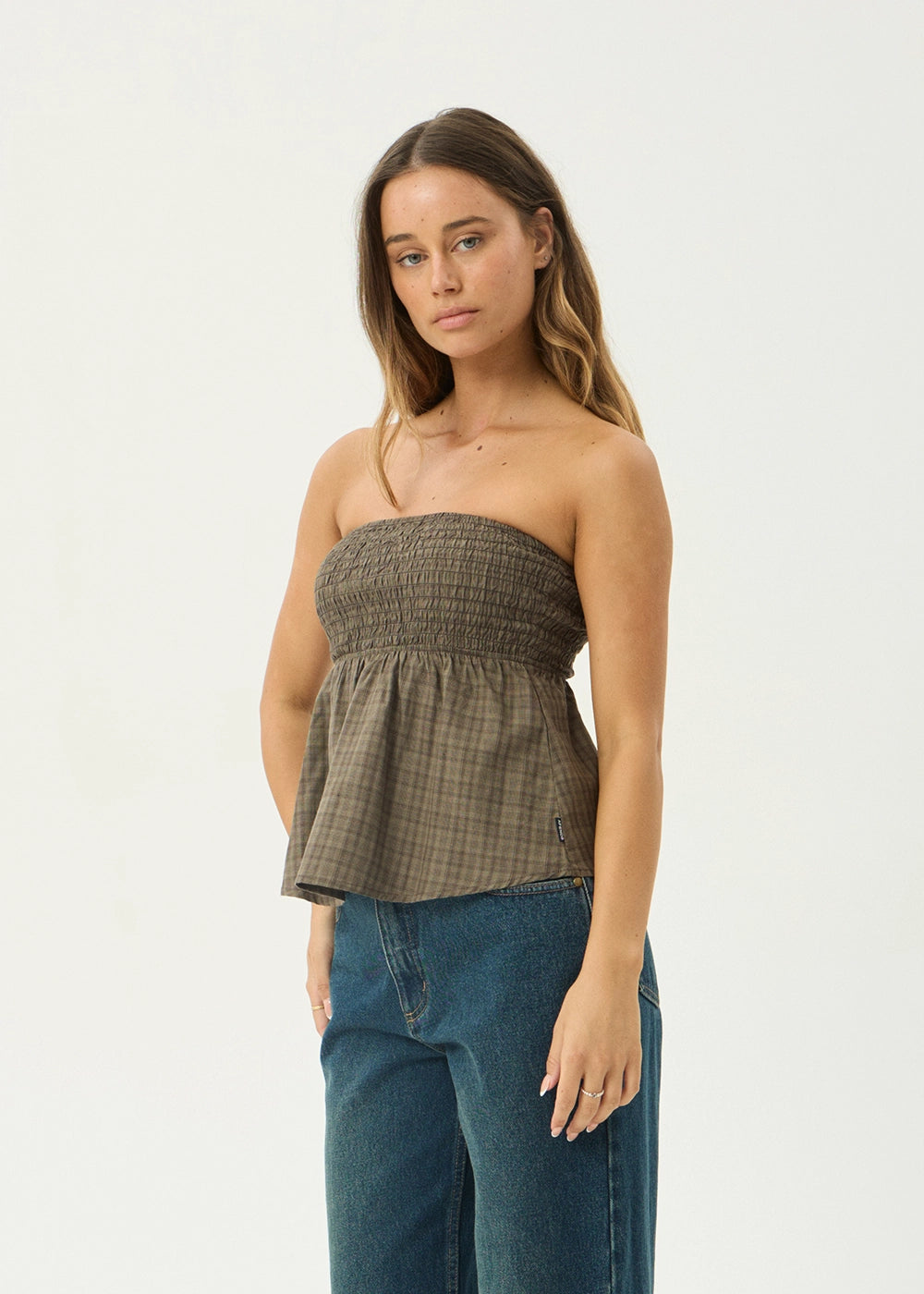 AFENDS Womens Mina Shadow - Strapless Top - Stone Check