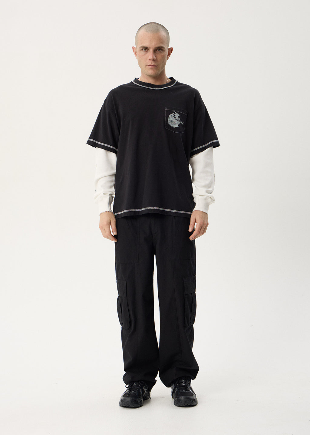 AFENDS Mens Heavy Parts - Heavyweight Layered Waffle Boxy Tee - Stone Black