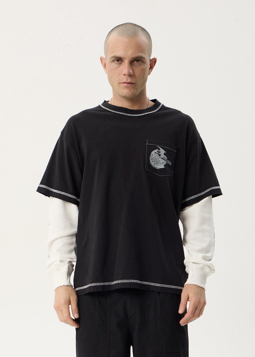 AFENDS Mens Heavy Parts - Heavyweight Layered Waffle Boxy Tee - Stone Black
