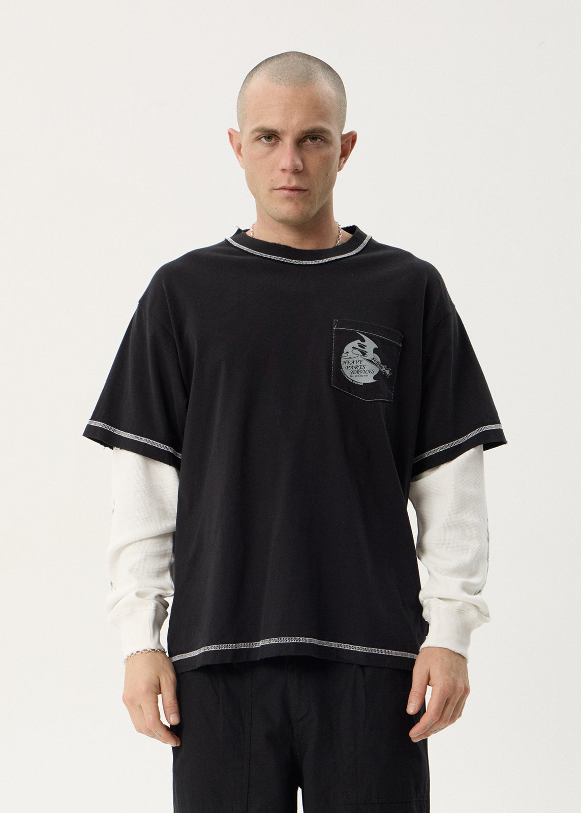 AFENDS Mens Heavy Parts - Heavyweight Layered Waffle Boxy Tee - Stone Black