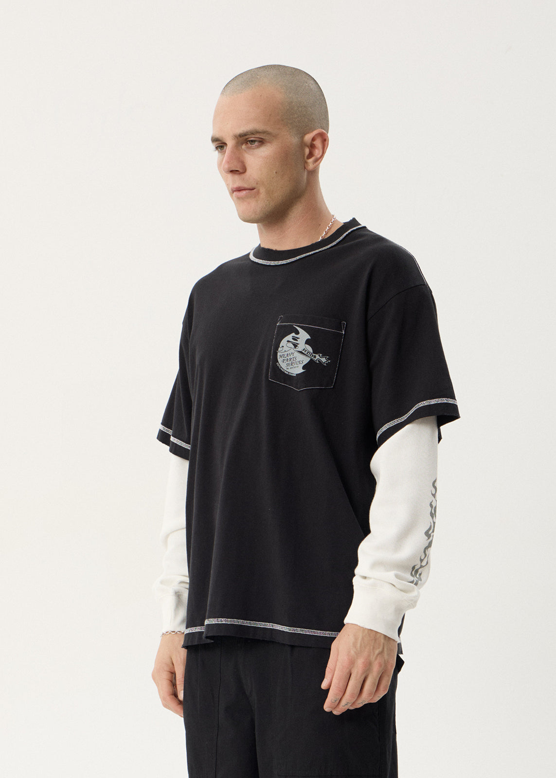 AFENDS Mens Heavy Parts - Heavyweight Layered Waffle Boxy Tee - Stone Black