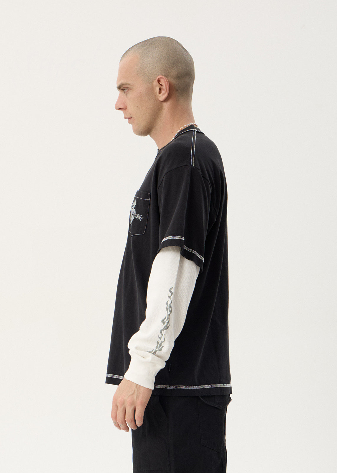 AFENDS Mens Heavy Parts - Heavyweight Layered Waffle Boxy Tee - Stone Black
