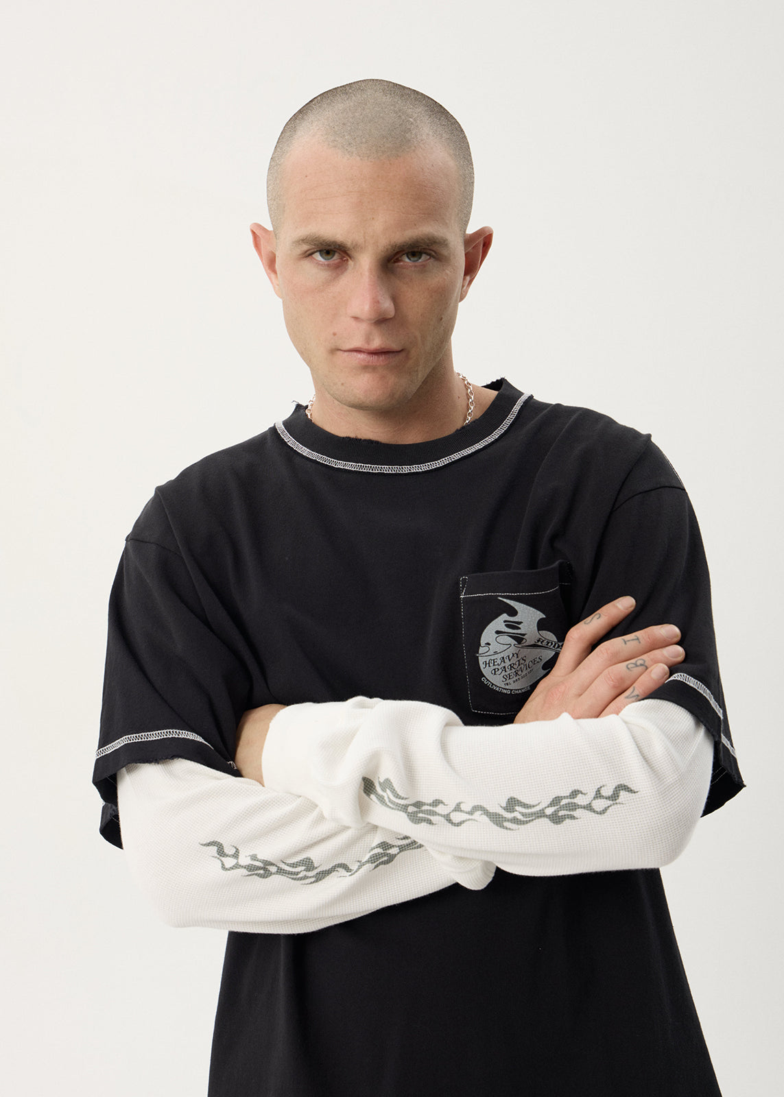 AFENDS Mens Heavy Parts - Heavyweight Layered Waffle Boxy Tee - Stone Black