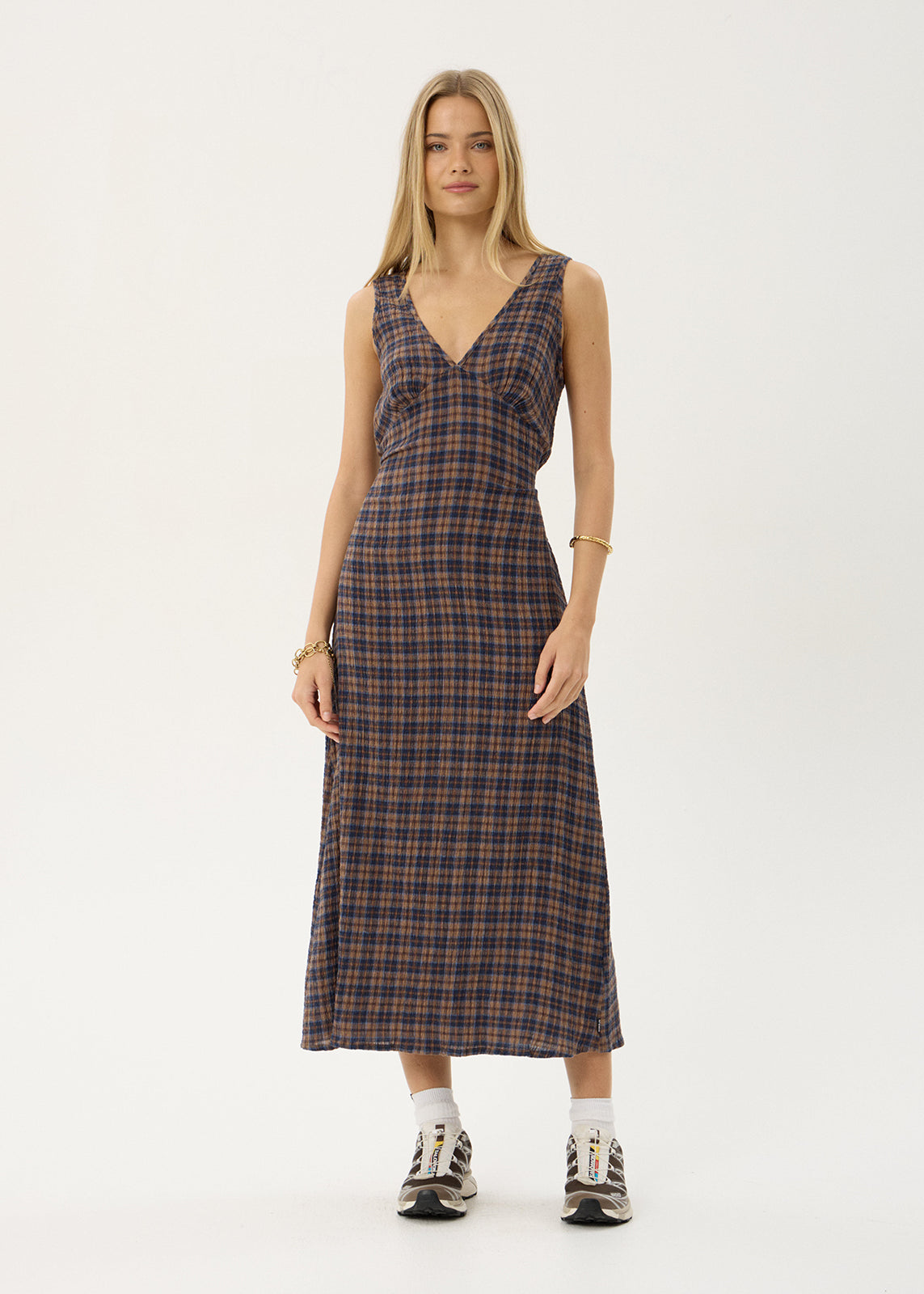 AFENDS Womens Tully - Seersucker Maxi Dress - Shev Indigo Check