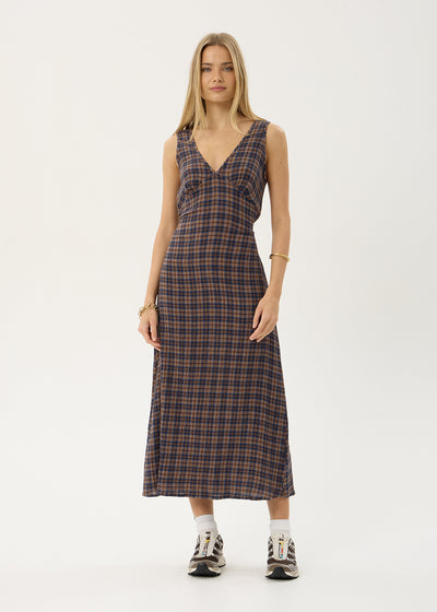 AFENDS Womens Tully - Seersucker Maxi Dress - Shev Indigo Check