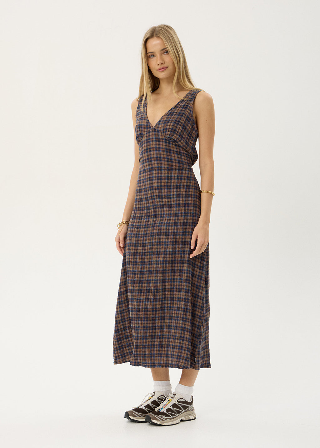 AFENDS Womens Tully - Seersucker Maxi Dress - Shev Indigo Check