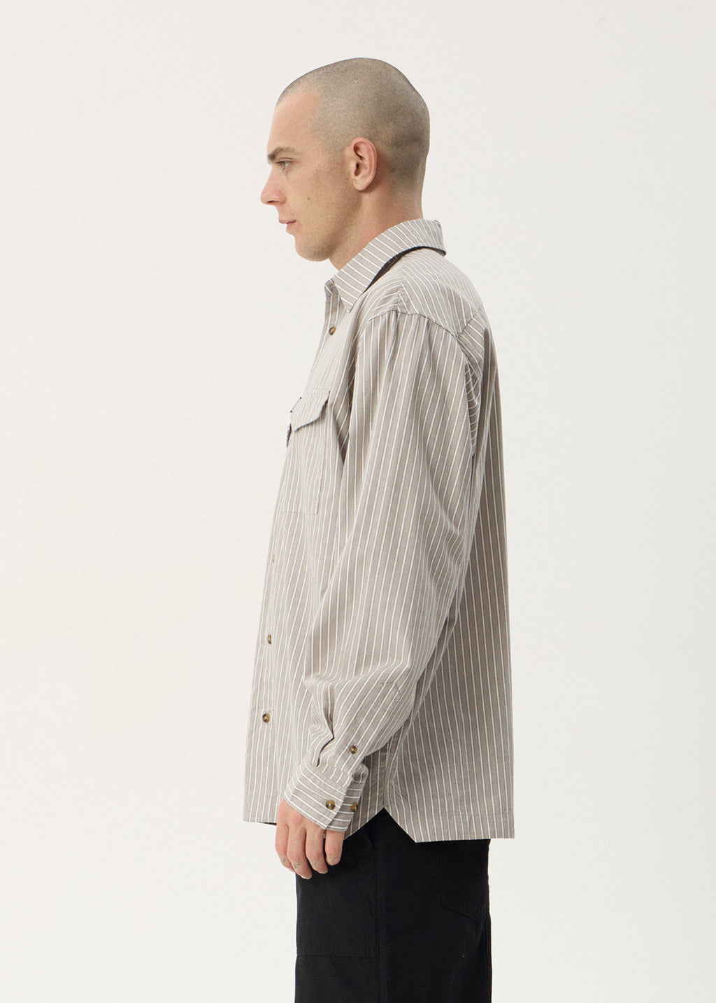 AFENDS Mens Lennox - Oversized Long Sleeve Shirt - Olive Stripe