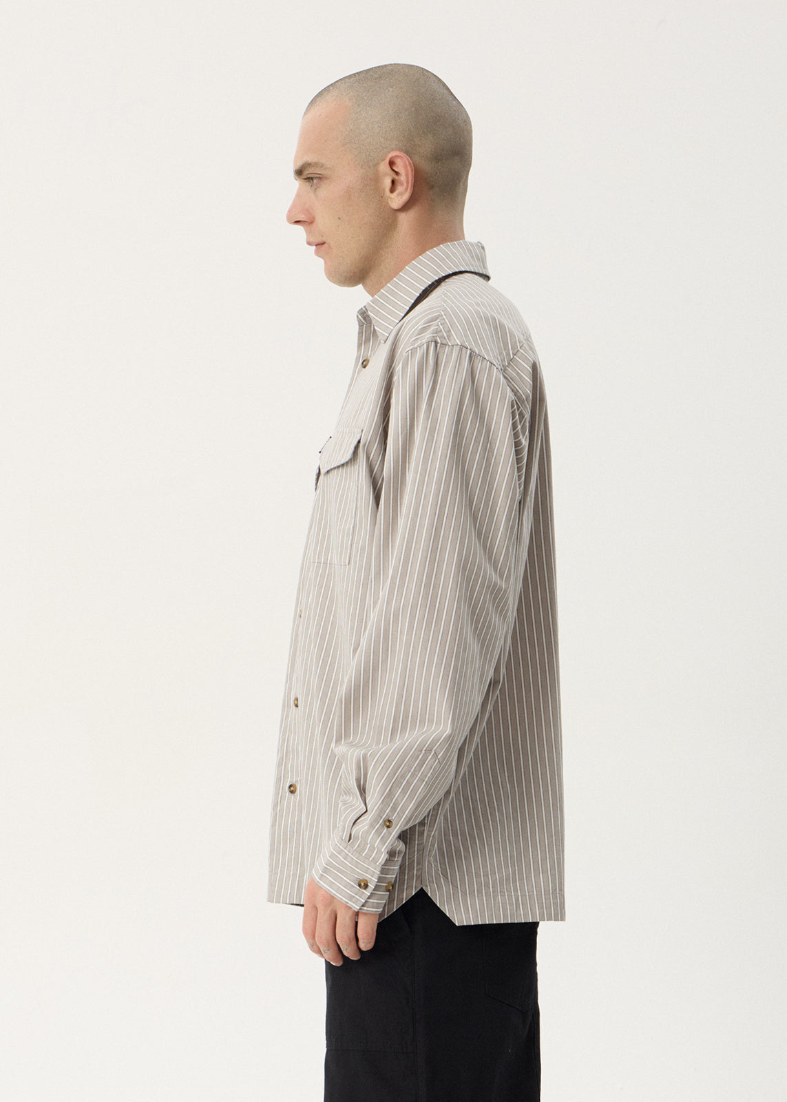 AFENDS Mens Lennox - Oversized Long Sleeve Shirt - Olive Stripe