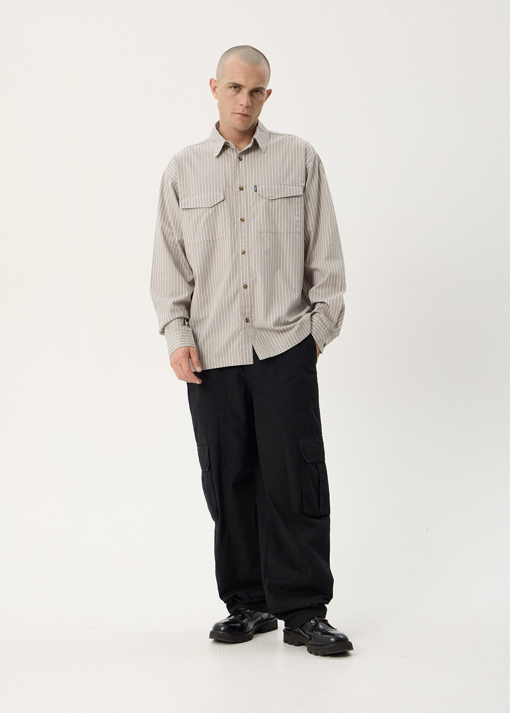 AFENDS Mens Lennox - Oversized Long Sleeve Shirt - Olive Stripe