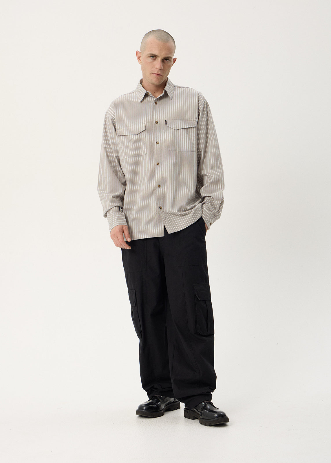 AFENDS Mens Lennox - Oversized Long Sleeve Shirt - Olive Stripe
