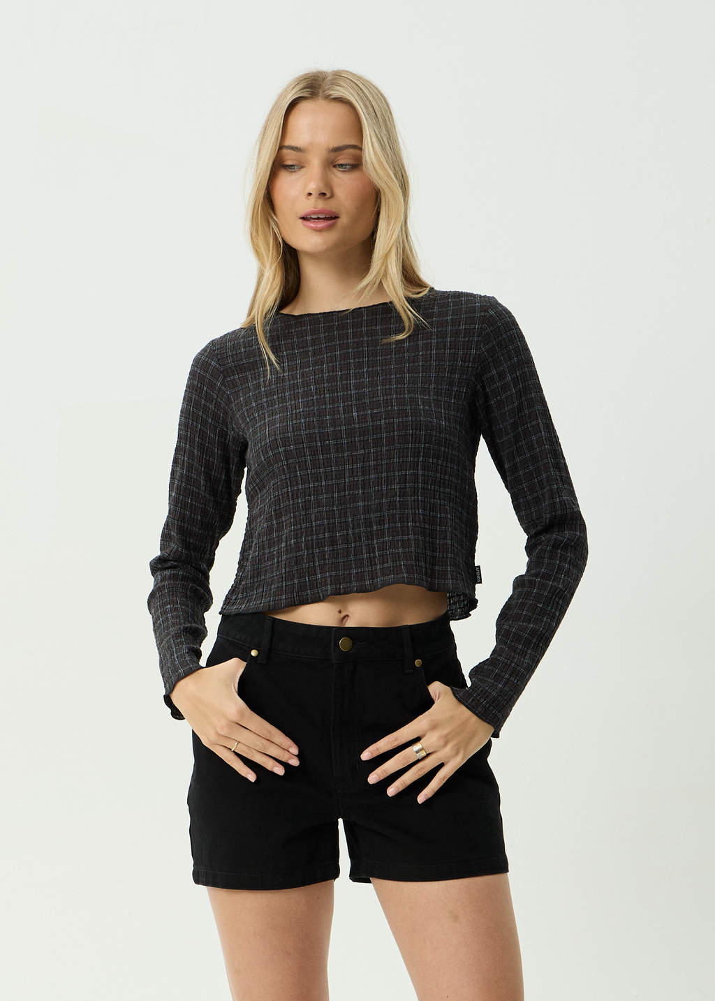 AFENDS Womens Dusk Focus - Seersucker Long Sleeve Top - Black Check