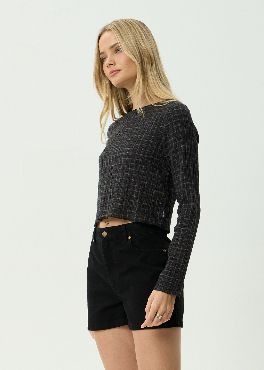 AFENDS Womens Dusk Focus - Seersucker Long Sleeve Top - Black Check