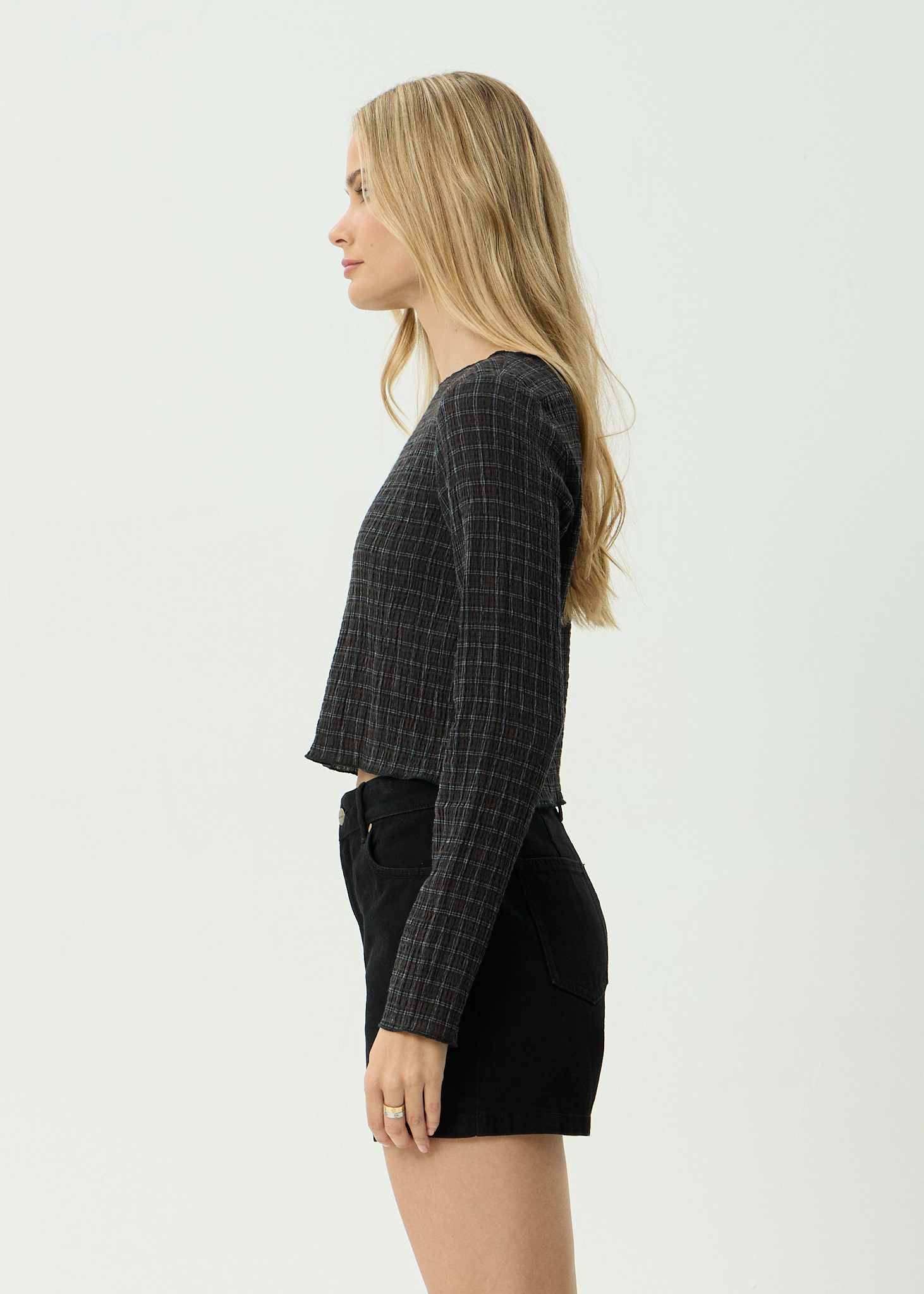 AFENDS Womens Dusk Focus - Seersucker Long Sleeve Top - Black Check