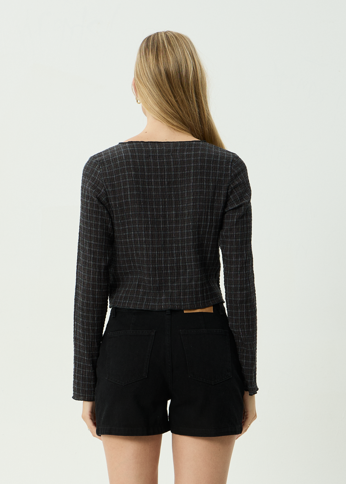 AFENDS Womens Dusk Focus - Seersucker Long Sleeve Top - Black Check