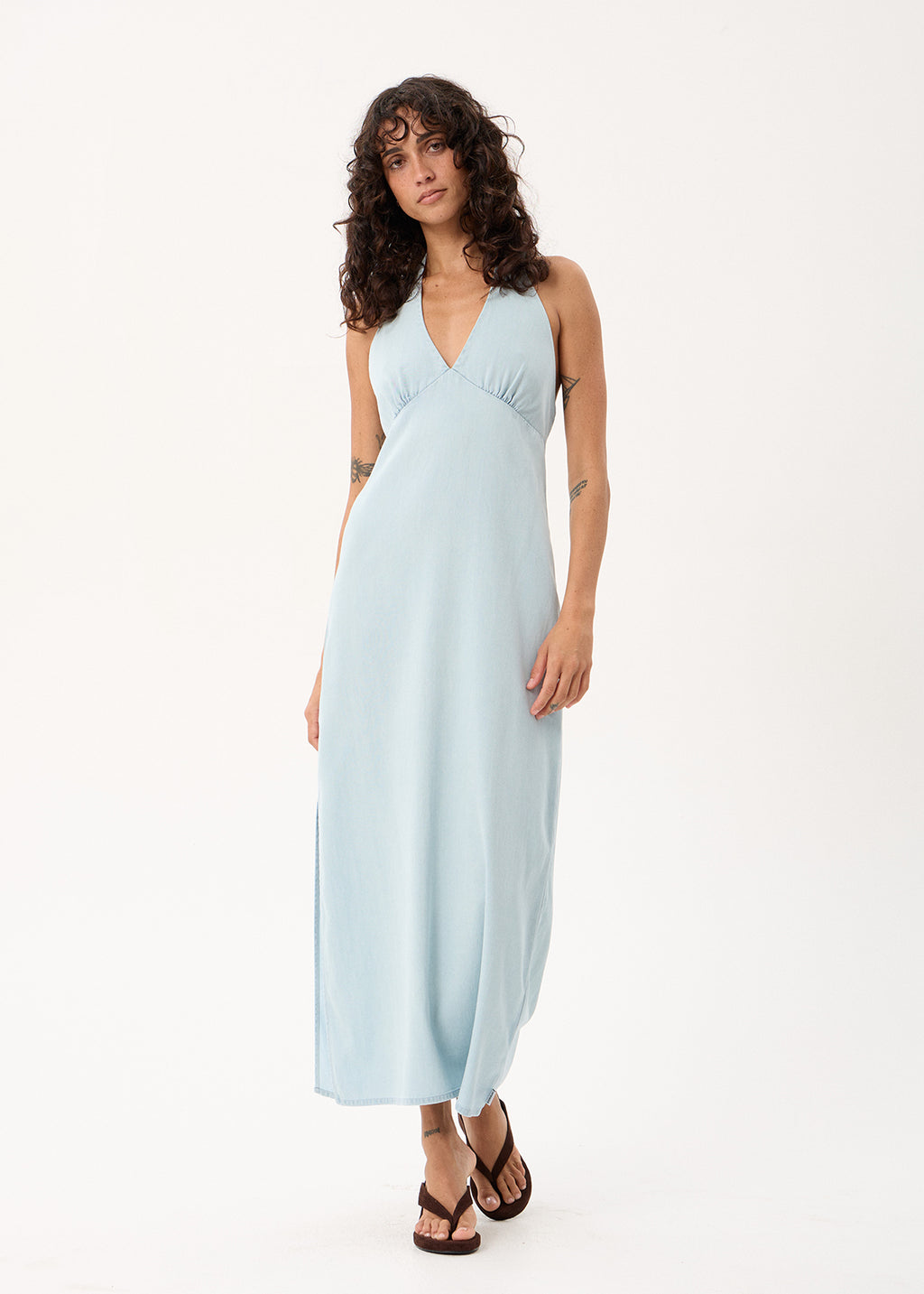 AFENDS Alexa - Chambray Halter Maxi Dress - Light Blue