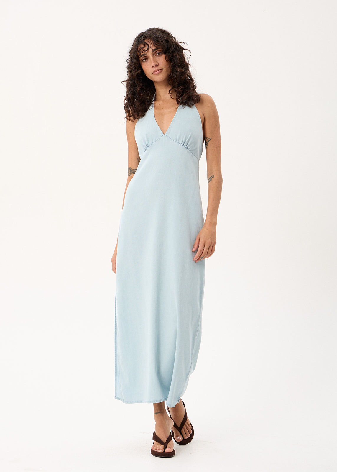 AFENDS Alexa - Chambray Halter Maxi Dress - Light Blue
