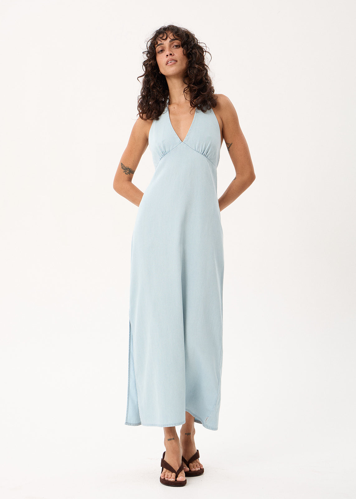 AFENDS Alexa - Chambray Halter Maxi Dress - Light Blue