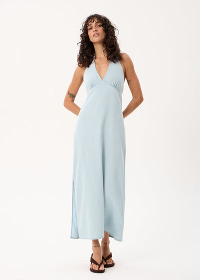 AFENDS Alexa - Chambray Halter Maxi Dress - Light Blue