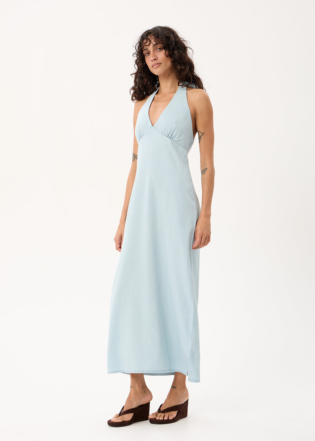 AFENDS Alexa - Chambray Halter Maxi Dress - Light Blue