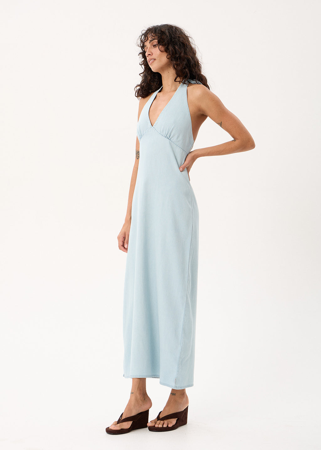 AFENDS Alexa - Chambray Halter Maxi Dress - Light Blue