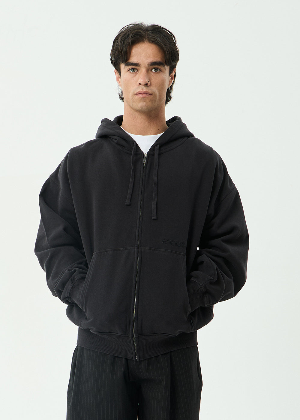 AFENDS Mens Genesis - Boxy Zip Hood - Stone Black