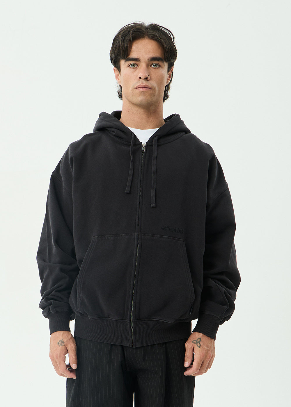 AFENDS Mens Genesis - Boxy Zip Hood - Stone Black