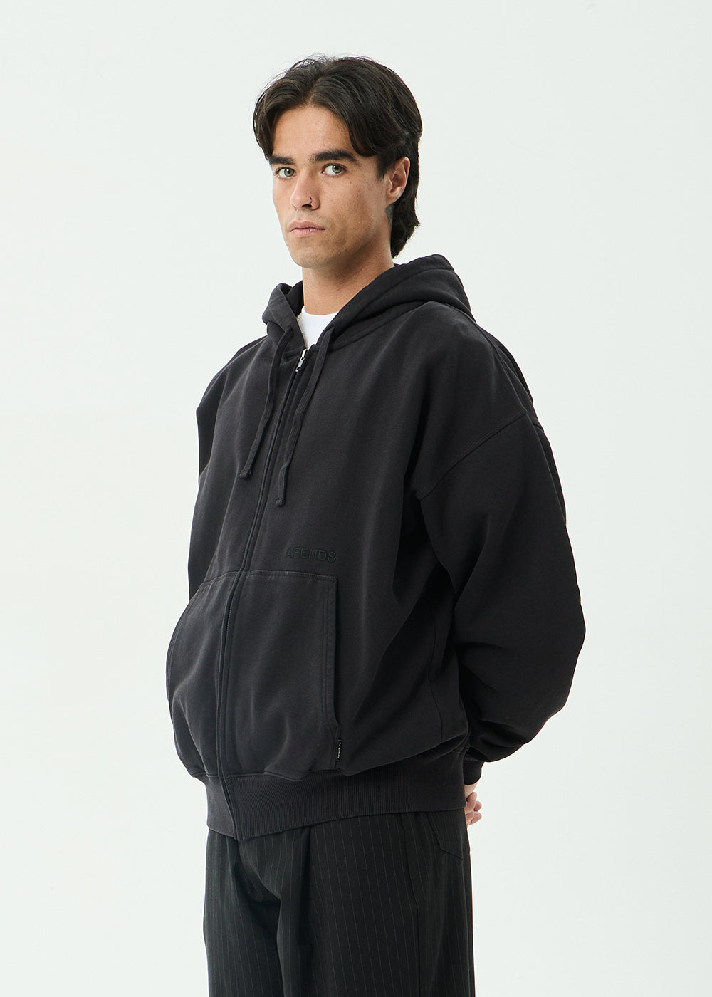 AFENDS Mens Genesis - Boxy Zip Hood - Stone Black