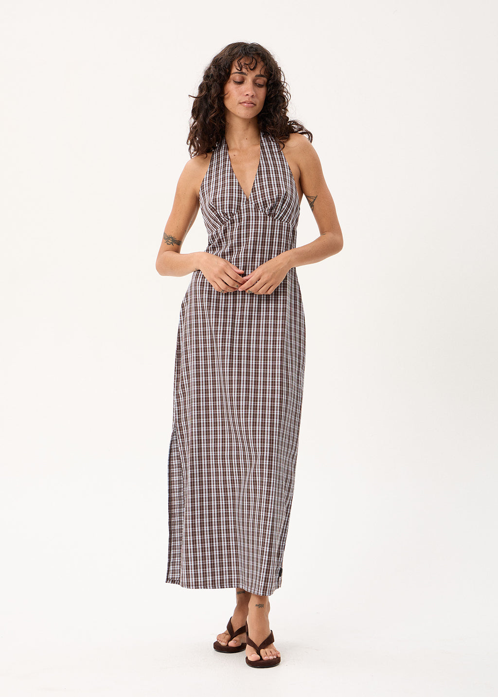 AFENDS Alexa - Halter Maxi Dress - Brown / Blue Check