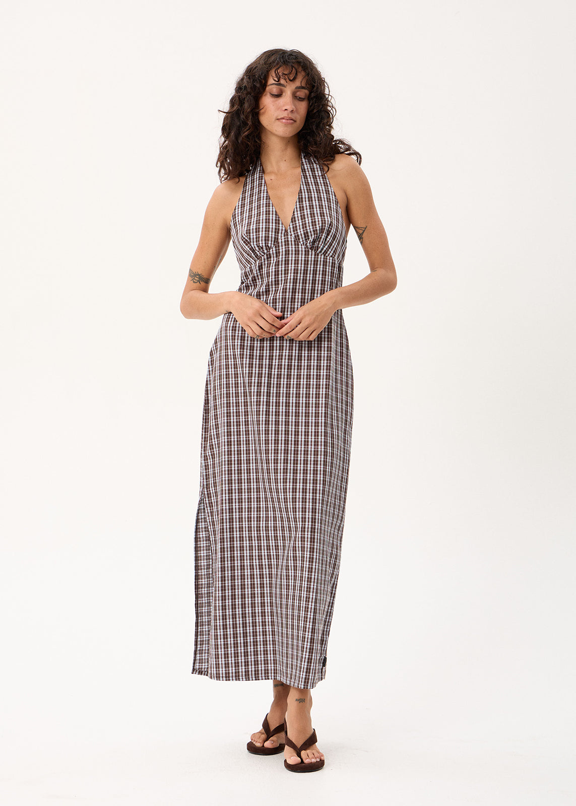 AFENDS Alexa - Halter Maxi Dress - Brown / Blue Check