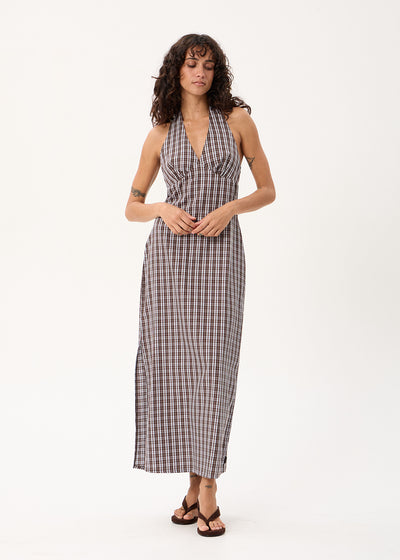 AFENDS Alexa - Halter Maxi Dress - Brown / Blue Check