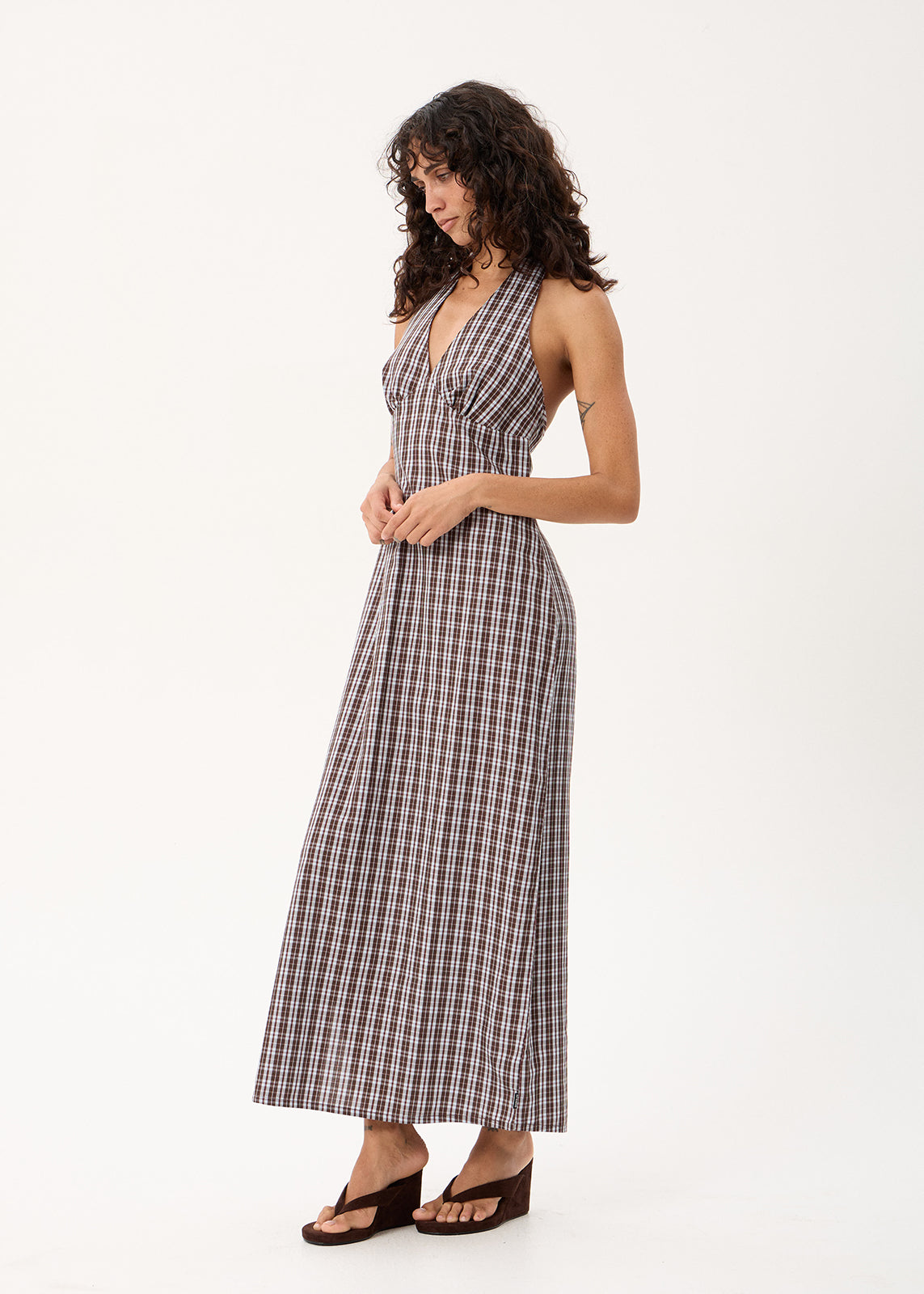 AFENDS Alexa - Halter Maxi Dress - Brown / Blue Check