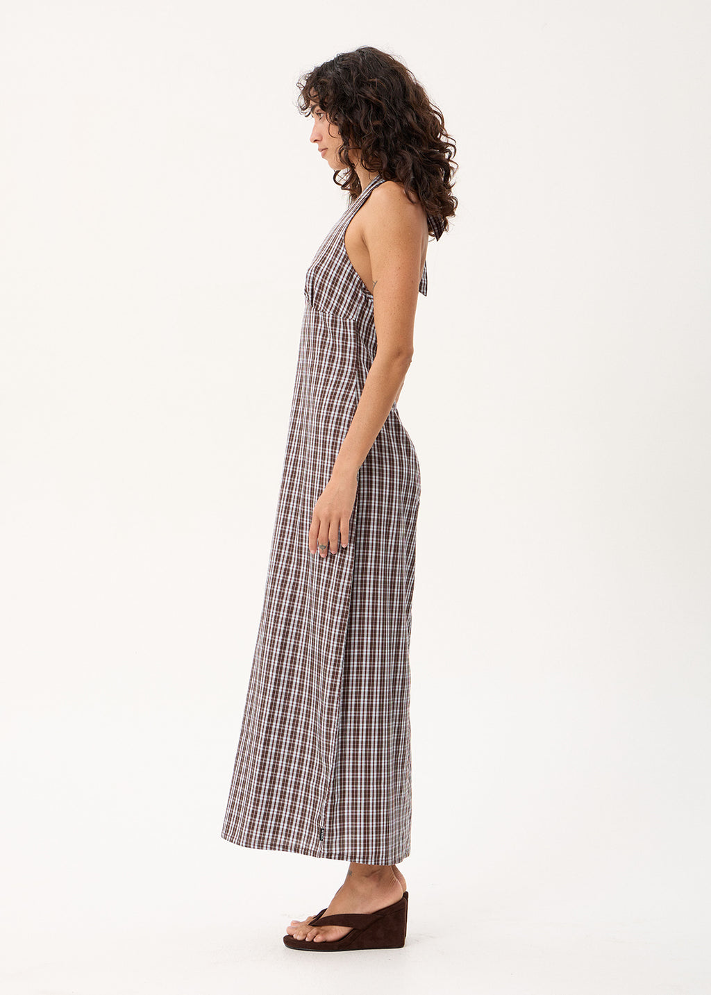 AFENDS Alexa - Halter Maxi Dress - Brown / Blue Check