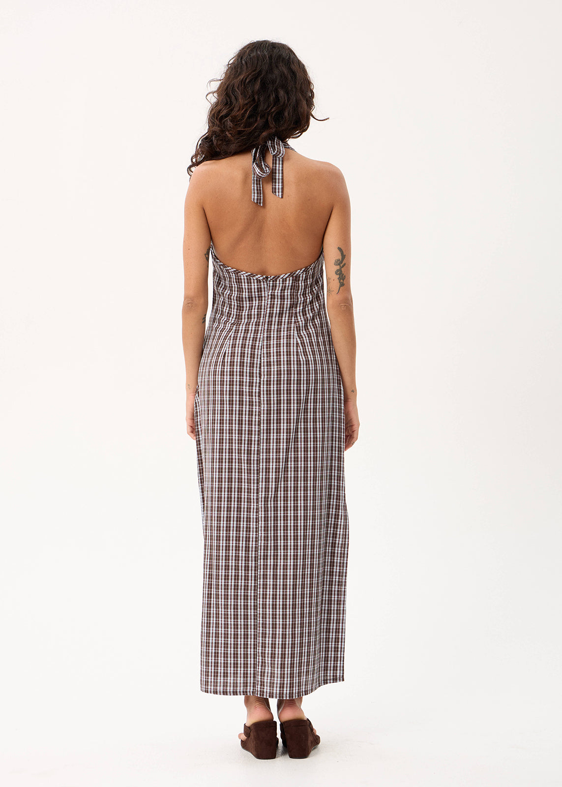 AFENDS Alexa - Halter Maxi Dress - Brown / Blue Check