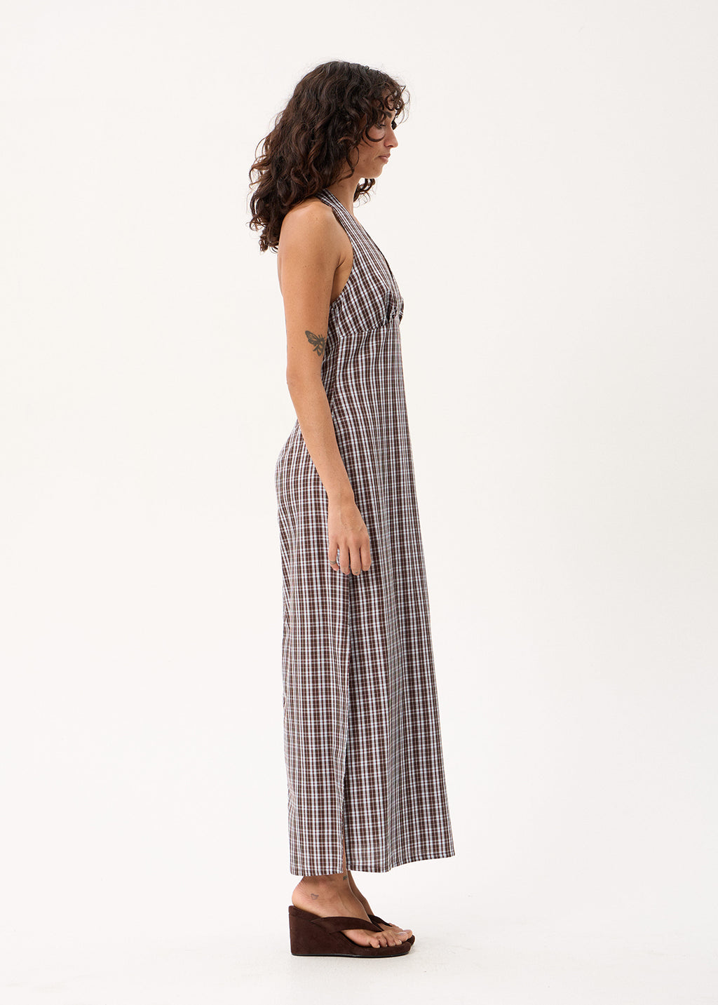 AFENDS Alexa - Halter Maxi Dress - Brown / Blue Check