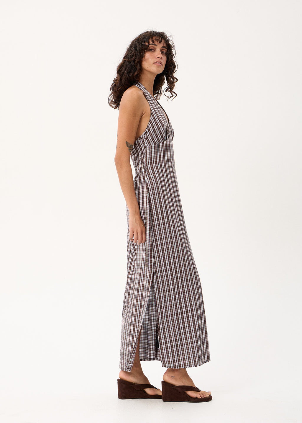 AFENDS Alexa - Halter Maxi Dress - Brown / Blue Check