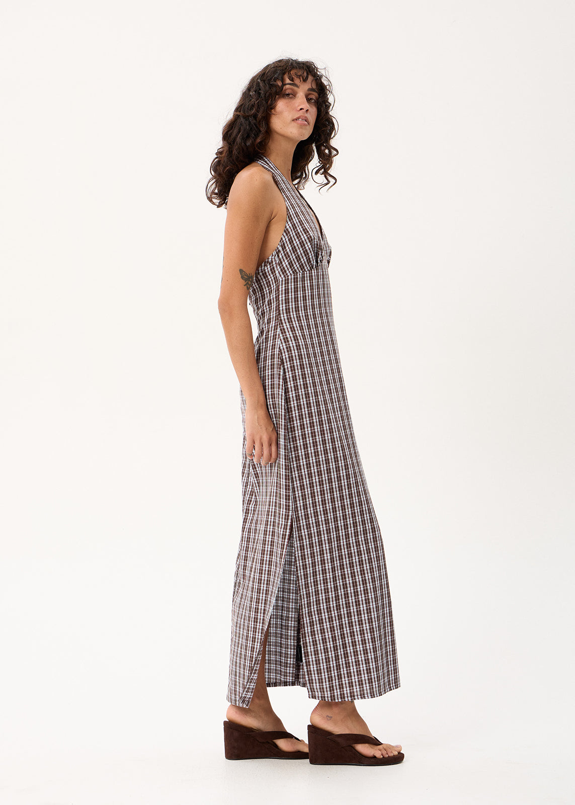 AFENDS Alexa - Halter Maxi Dress - Brown / Blue Check
