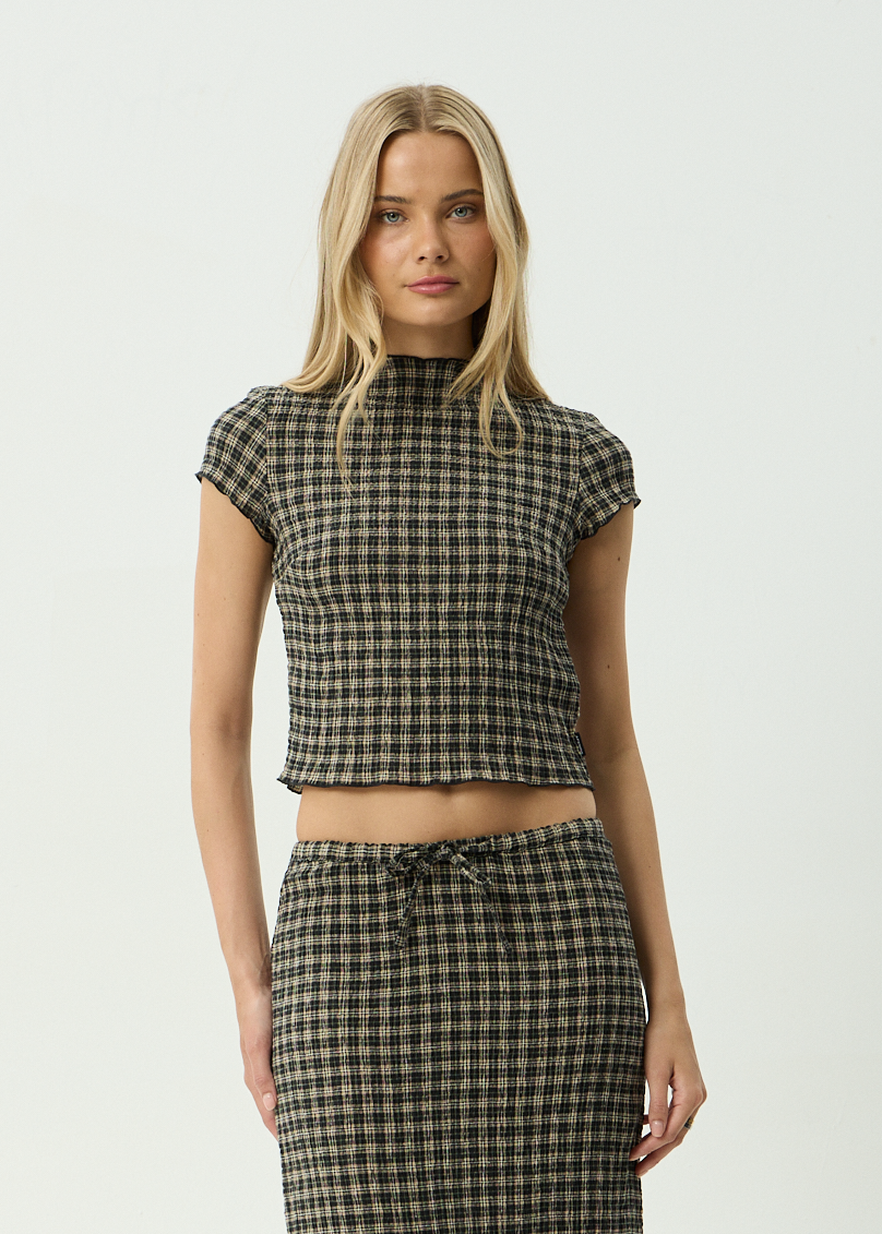 AFENDS Womens Wren - Seersucker Top - Tan / Olive Check
